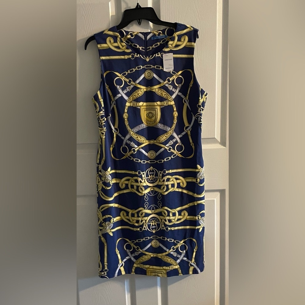 J. McLaughlin Sophia Dress Knee Length Cheshire Navy & Gold Sz XL